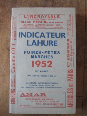INDICATEUR LAHURE / FOIRES-FETES-MARCHES   /  1952